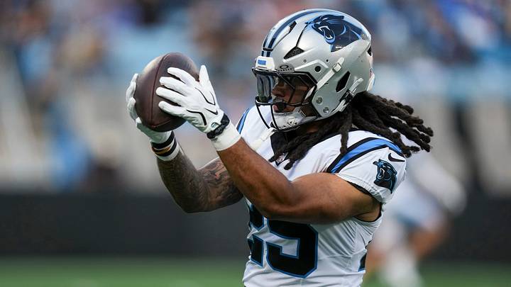 Jul 31, 2026; Charlotte, NC, USA; Carolina Panthers running back Jonathon Brooks (25) catches the ball during Fanfest at Bank of America Stadium. Mandatory Credit: Jim Dedmon-Imagn Images Jul 31, 2026; Charlotte, NC, USA; Carolina Panthers running back Jonathon Brooks (25) catches the ball during Fanfest at Bank of America Stadium. Mandatory Credit: Jim Dedmon-Imagn Images