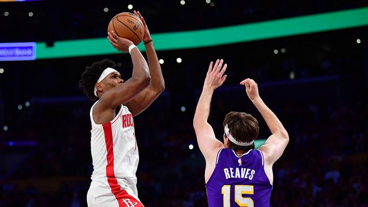 Apr 29, 2026; Los Angeles, California, USA; Houston Rockets guard Amen Thompson (1) shoots against Los Angeles Lakers guard Austin Reaves (15) during the second half in game five of the first round of the 2026 NBA Playoffs at Crypto.com Arena. Mandatory Credit: Gary A. Vasquez-Imagn Images Apr 29, 2026; Los Angeles, California, USA; Houston Rockets guard Amen Thompson (1) shoots against Los Angeles Lakers guard Austin Reaves (15) during the second half in game five of the first round of the 2026 NBA Playoffs at Crypto.com Arena. Mandatory Credit: Gary A. Vasquez-Imagn Images