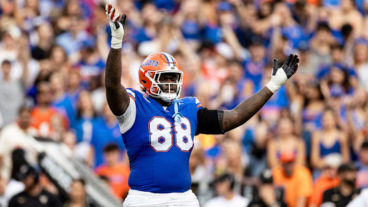 Florida Gators defensive lineman Caleb Banks (88) hypes the crowd during the first half against the Vanderbilt Commodores at Steve Spurrier Field at Ben Hill Griffin Stadium in Gainesville, FL on Saturday, October 7, 2023.