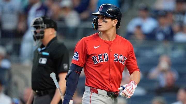 Aug 22, 2025; Bronx, New York, USA;  Boston Red Sox right fielder Roman Anthony (19) after an at bat against the New York Yankees during the first inning at Yankee Stadium. Mandatory Credit: Gregory Fisher-Imagn Images