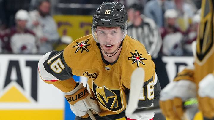 May 26, 2026; Las Vegas, Nevada, USA; Vegas Golden Knights right wing Pavel Dorofeyev (16) prepares for a face off during the first period against the Colorado Avalanche in game four of the Western Conference Final of the 2026 Stanley Cup Playoffs at T-Mobile Arena. Mandatory Credit: Stephen R. Sylvanie-Imagn Images