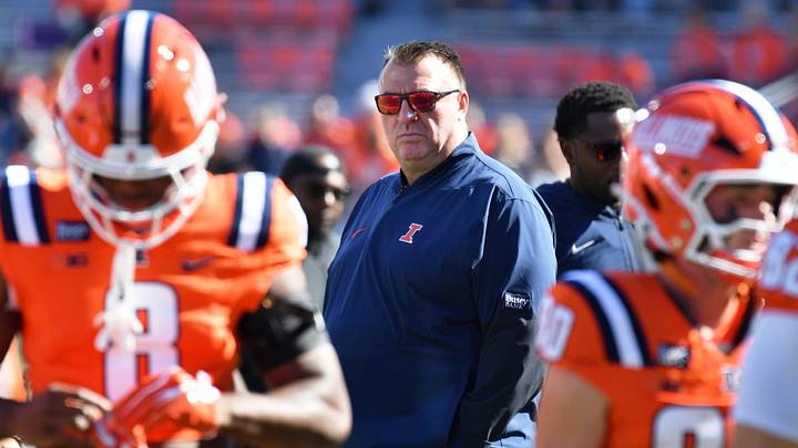 Oct 3, 2026; Champaign, Illinois, USA; Illinois Fighting Illini head coach Bret Bielema before a game against the Purdue Boilermakers at Gies Memorial Stadium. Mandatory Credit: Ron Johnson-Imagn Images Oct 3, 2026; Champaign, Illinois, USA; Illinois Fighting Illini head coach Bret Bielema before a game against the Purdue Boilermakers at Gies Memorial Stadium. Mandatory Credit: Ron Johnson-Imagn Images