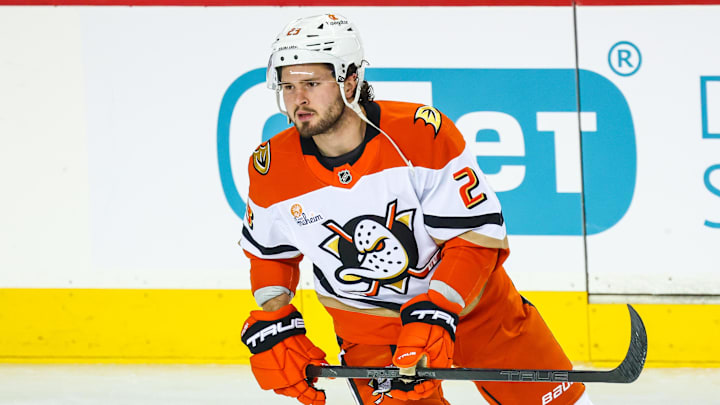 Jan 30, 2025; Calgary, Alberta, CAN; Anaheim Ducks center Mason McTavish (23) skates during the warmup period against the Calgary Flames at Scotiabank Saddledome. Mandatory Credit: Sergei Belski-Imagn Images