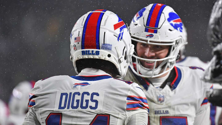 Nov 26, 2023; Philadelphia, Pennsylvania, USA; Buffalo Bills wide receiver Stefon Diggs (14) and quarterback Josh Allen (17).