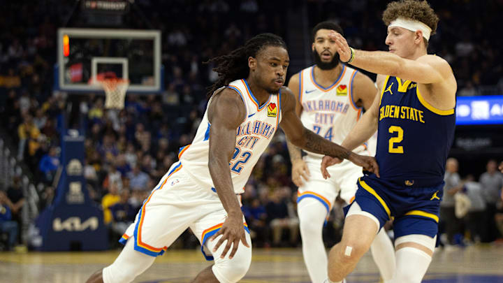 Nov 16, 2023; San Francisco, California, USA; Oklahoma City Thunder guard Cason Wallace (22) drives