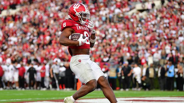 Jan 1, 2026; Pasadena, CA, USA; Indiana Hoosiers running back Kaelon Black (8) runs to score a touchdown against the Alabama Crimson Tide in the second half of the 2026 Rose Bowl and quarterfinal game of the College Football Playoff at Rose Bowl Stadium. Mandatory Credit: Gary A. Vasquez-Imagn Images Jan 1, 2026; Pasadena, CA, USA; Indiana Hoosiers running back Kaelon Black (8) runs to score a touchdown against the Alabama Crimson Tide in the second half of the 2026 Rose Bowl and quarterfinal game of the College Football Playoff at Rose Bowl Stadium. Mandatory Credit: Gary A. Vasquez-Imagn Images