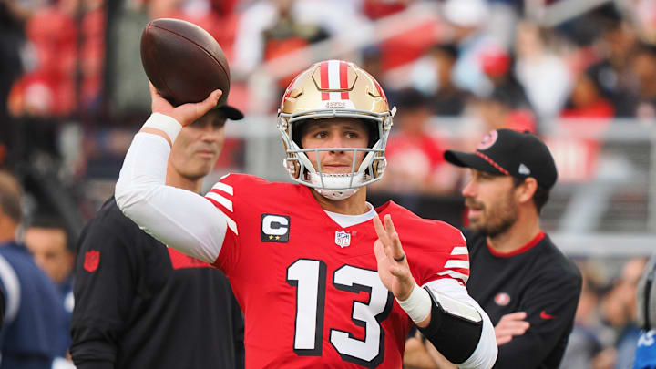 Oct 27, 2024; Santa Clara, California, USA; San Francisco 49ers quarterback Brock Purdy (13) throws the ball during warm ups before the game against the Dallas Cowboys at Levi's Stadium. Mandatory Credit: Kelley L Cox-Imagn Images Oct 27, 2024; Santa Clara, California, USA; San Francisco 49ers quarterback Brock Purdy (13) throws the ball during warm ups before the game against the Dallas Cowboys at Levi's Stadium. Mandatory Credit: Kelley L Cox-Imagn Images