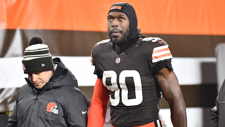Dec 17, 2022; Cleveland, Ohio, USA; Cleveland Browns defensive end Jadeveon Clowney (90) leaves the field with an injury during the first half against the Baltimore Ravens at FirstEnergy Stadium. Mandatory Credit: Ken Blaze-Imagn Images