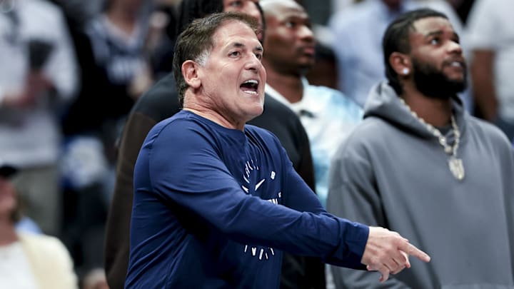 Mar 16, 2025; Dallas, Texas, USA;  Mark Cuban reacts against the Philadelphia 76ers during the second half at American Airlines Center. Mandatory Credit: Kevin Jairaj-Imagn Images