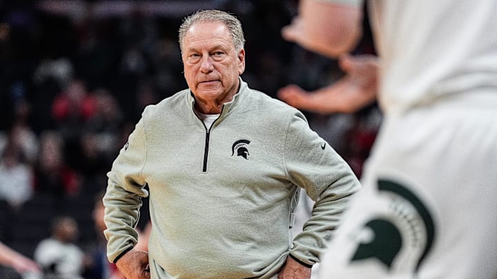 Michigan State head coach Tom Izzo calls a timeout as Wisconsin takes the lead during the first half of Big Ten Tournament semifinal at Gainbridge Fieldhouse in Indianapolis, Ind. on Saturday, March 15, 2025.