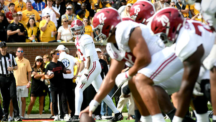 Oct 11, 2025; Columbia, MO, USA; Alabama Crimson Tide receiver Ryan Williams (2) lines up prior to a snap in the fourth quarter against the Missouri Tigers at Faurot Field at Memorial Stadium. Oct 11, 2025; Columbia, MO, USA; Alabama Crimson Tide receiver Ryan Williams (2) lines up prior to a snap in the fourth quarter against the Missouri Tigers at Faurot Field at Memorial Stadium.