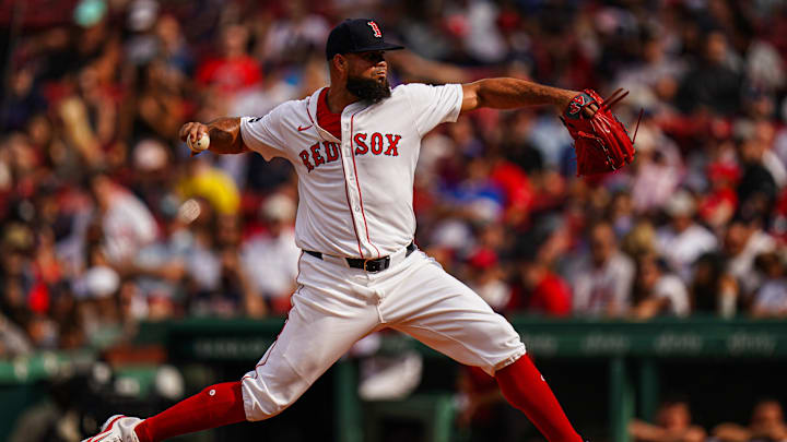 Aug 26, 2024; Boston, Massachusetts, USA; Boston Red Sox relief pitcher Luis Garcia (40) throws a pitch against the Toronto Blue Jays in the eighth inning at Fenway Park. Mandatory Credit: David Butler II-Imagn Images