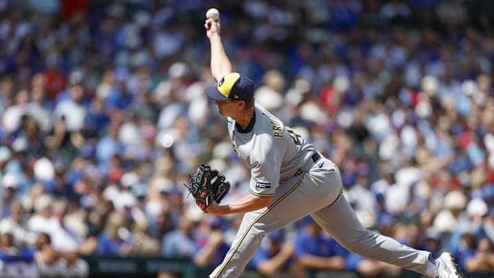 Aug 21, 2025; Chicago, Illinois, USA; Milwaukee Brewers starting pitcher Quinn Priester (46) delivers a pitch against the Chicago Cubs during the first inning at Wrigley Field. Mandatory Credit: Kamil Krzaczynski-Imagn Images Aug 21, 2025; Chicago, Illinois, USA; Milwaukee Brewers starting pitcher Quinn Priester (46) delivers a pitch against the Chicago Cubs during the first inning at Wrigley Field. Mandatory Credit: Kamil Krzaczynski-Imagn Images