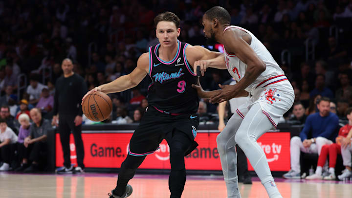 Feb 28, 2026; Miami, Florida, USA; Miami Heat guard Pelle Larsson (9) drives to the basket against Houston Rockets forward Kevin Durant (7) during the third quarter at Kaseya Center. Mandatory Credit: Sam Navarro-Imagn Images Feb 28, 2026; Miami, Florida, USA; Miami Heat guard Pelle Larsson (9) drives to the basket against Houston Rockets forward Kevin Durant (7) during the third quarter at Kaseya Center. Mandatory Credit: Sam Navarro-Imagn Images