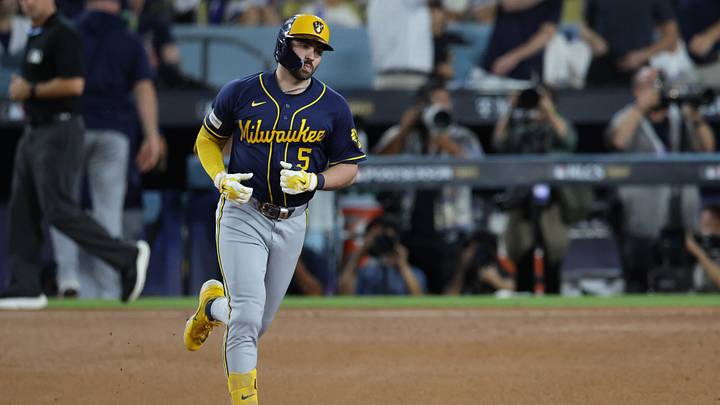 Oct 15, 2026; Los Angeles, California, USA; Milwaukee Brewers outfielder Garrett Mitchell (5) rounds the bases after hitting a home run during the sixth inning against the Los Angeles Dodgers in game four of the NLCS for the 2026 MLB Playoffs at Uniqlo Field at Dodger Stadium. Mandatory Credit: Kiyoshi Mio-Imagn Images Oct 15, 2026; Los Angeles, California, USA; Milwaukee Brewers outfielder Garrett Mitchell (5) rounds the bases after hitting a home run during the sixth inning against the Los Angeles Dodgers in game four of the NLCS for the 2026 MLB Playoffs at Uniqlo Field at Dodger Stadium. Mandatory Credit: Kiyoshi Mio-Imagn Images