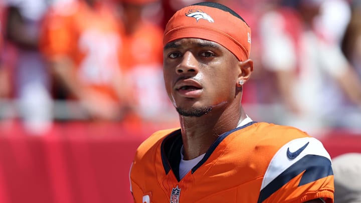 Sep 22, 2024; Tampa, Florida, USA;  Denver Broncos cornerback Pat Surtain II (2) works out prior to the game against the Tampa Bay Buccaneers at Raymond James Stadium. 