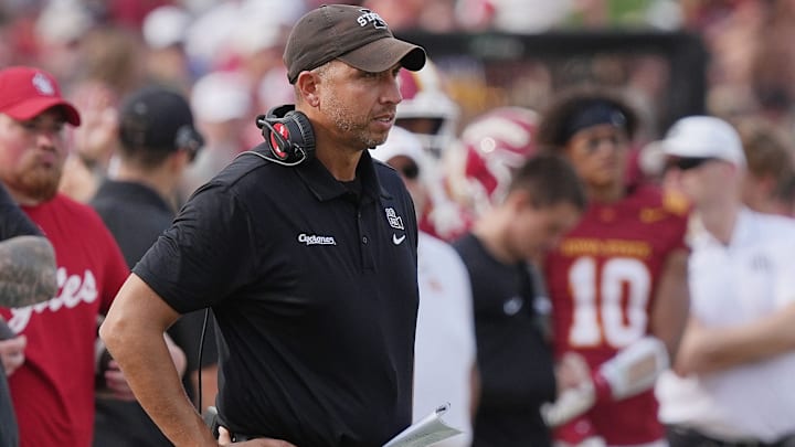 Iowa State Cyclones head coach Matt Campbell watches from the sideline against South Dakota during the third quarter in the home game opening at Jack Trice Stadium on August 30, 2025, in Ames, Iowa