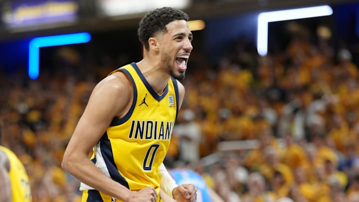 Jun 13, 2025; Indianapolis, Indiana, USA; Indiana Pacers guard Tyrese Haliburton (0) reacts after a play against the Oklahoma City Thunder during the second half during game four of the 2025 NBA Finals at Gainbridge Fieldhouse. Mandatory Credit: Kyle Terada-Imagn Images Jun 13, 2025; Indianapolis, Indiana, USA; Indiana Pacers guard Tyrese Haliburton (0) reacts after a play against the Oklahoma City Thunder during the second half during game four of the 2025 NBA Finals at Gainbridge Fieldhouse. Mandatory Credit: Kyle Terada-Imagn Images