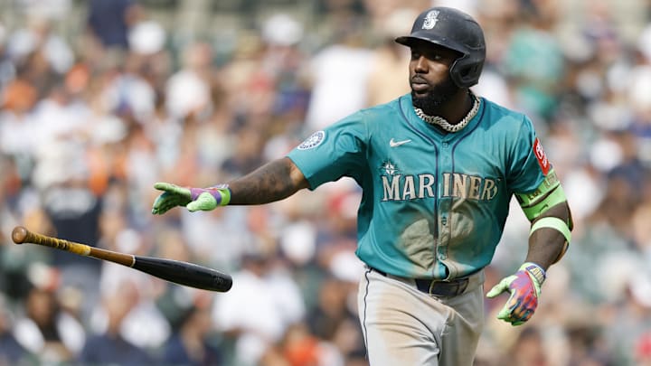 Seattle Mariners outfielder Randy Arozarena tosses his bat after hitting a home run against the Detroit Tigers on July 12 at Comerica Park.
