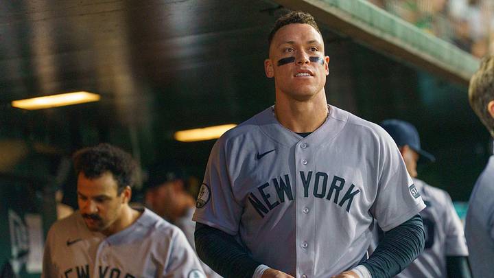 May 30, 2026; West Sacramento, California, USA; New York Yankees right fielder Aaron Judge (99) prepares to go back out for the bottom half of the sixth inning against the Athletics at Sutter Health Park. Mandatory Credit: Neville E. Guard-Imagn Images