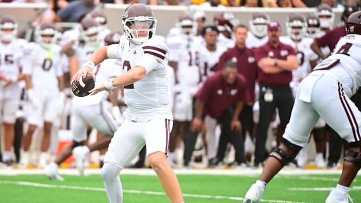 Mississippi State Bulldogs quarterback Blake Shapen (2) looks to pass against the Southern Miss Golden Eagles during the first quarter at M.M. Roberts Stadium in Hattiesburg, Miss., on Aug. 30, 2025.