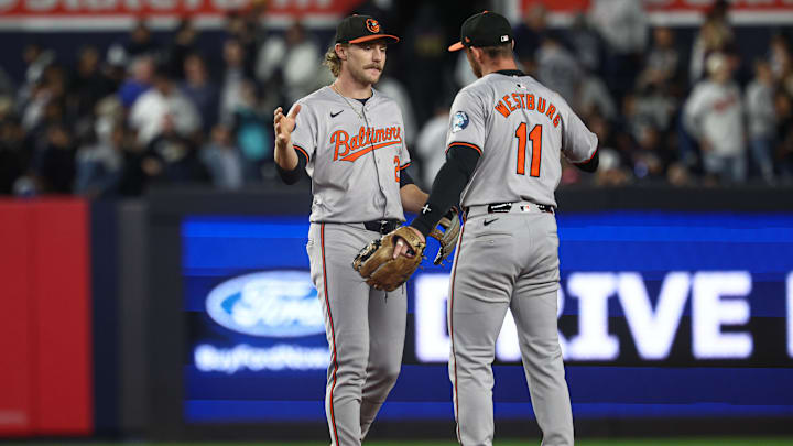 Sep 24, 2024; Bronx, New York, USA; Baltimore Orioles shortstop Gunnar Henderson (2) and third baseman Jordan Westburg (11) celebrates after defeating the New York Yankees at Yankee Stadium. Sep 24, 2024; Bronx, New York, USA; Baltimore Orioles shortstop Gunnar Henderson (2) and third baseman Jordan Westburg (11) celebrates after defeating the New York Yankees at Yankee Stadium.