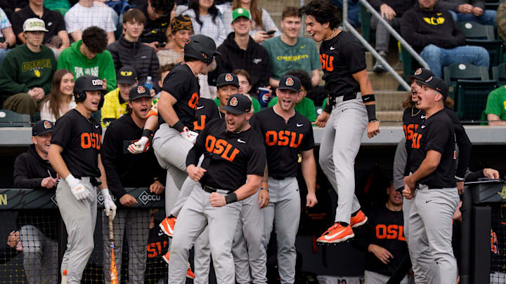 Oregon State celebrates a home run by infielder Paul Vazquez as the Oregon Ducks host the Oregon State Beavers on March 3, 2026, at PK Park in Eugene, Oregon.
