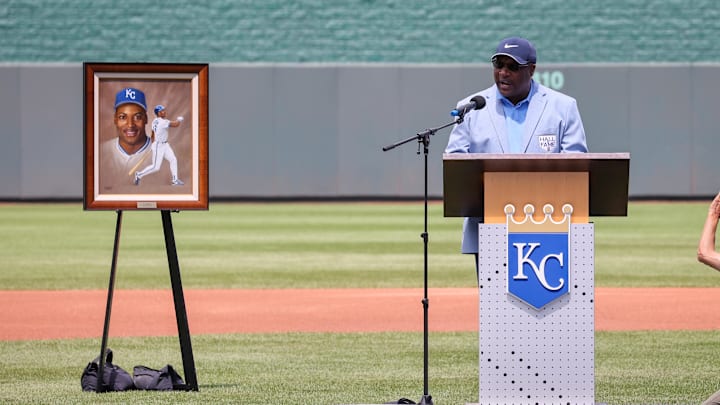Jun 28, 2023; Kansas City, Missouri, USA;  Bo Jackson speaks during his Royals Hall of Fame induction ceremony prior to the game between the Kansas City Royals and the Cleveland Guardians at Kauffman Stadium. Mandatory Credit: William Purnell-USA TODAY Sports