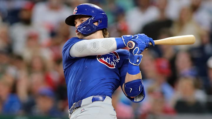 Aug 30, 2024; Washington, District of Columbia, USA; Chicago Cubs second base Nico Hoerner (2) singles during the second inning against the Washington Nationals at Nationals Park Aug 30, 2024; Washington, District of Columbia, USA; Chicago Cubs second base Nico Hoerner (2) singles during the second inning against the Washington Nationals at Nationals Park