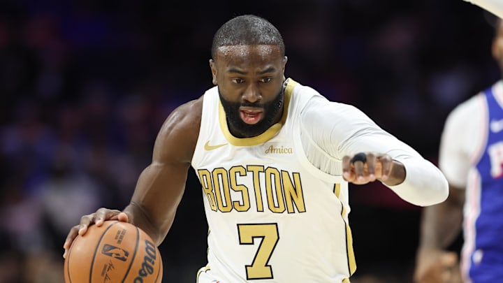 Nov 11, 2025; Philadelphia, Pennsylvania, USA; Boston Celtics guard Jaylen Brown (7) dribbles the ball against the Philadelphia 76ers during the first quarter at Xfinity Mobile Arena. Mandatory Credit: Bill Streicher-Imagn Images