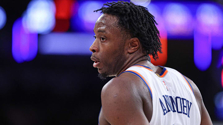 Jan 7, 2026; New York, New York, USA; New York Knicks forward Og Anunoby (8) looks back after making a basket against the LA Clippers during the second half at Madison Square Garden.