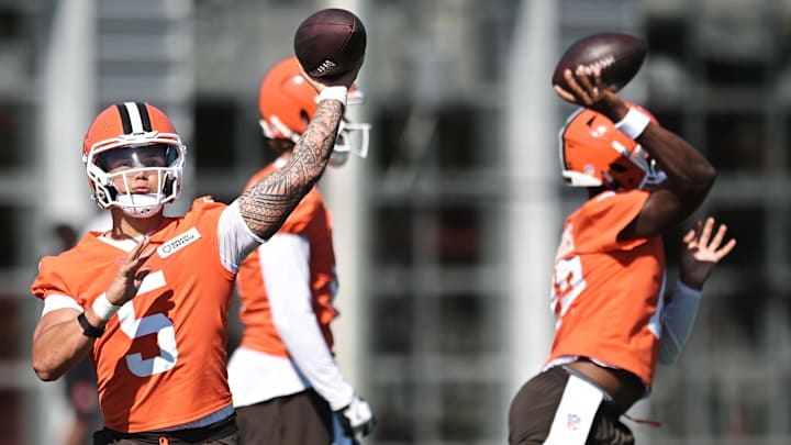 Jul 23, 2025; Berea, OH, USA; Cleveland Browns quarterback Dillon Gabriel (5) and quarterback Shedeur Sanders (12) throw passes during training camp at CrossCountry Mortgage Campus. Mandatory Credit: Ken Blaze-Imagn Images