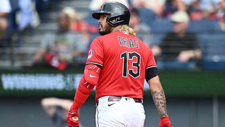 Jul 5, 2026: Cleveland Guardians third baseman Gabriel Arias (13) watches the flight of his home run during the fifth inning against the Chicago White Sox at Progressive Field. Credit: Ken Blaze-Imagn Images