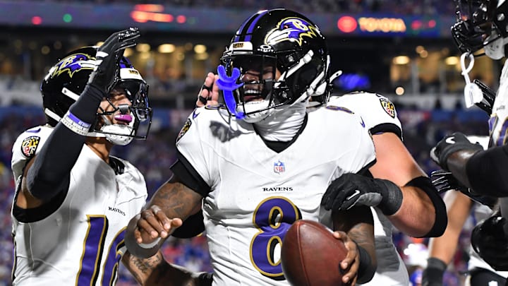 Sep 7, 2025; Orchard Park, New York, USA; Baltimore Ravens quarterback Lamar Jackson (8) celebrates with wide receiver Tylan Wallace (16) after a touchdown against the Buffalo Bills during the first half at Highmark Stadium. Mandatory Credit: Mark Konezny-Imagn Images Sep 7, 2025; Orchard Park, New York, USA; Baltimore Ravens quarterback Lamar Jackson (8) celebrates with wide receiver Tylan Wallace (16) after a touchdown against the Buffalo Bills during the first half at Highmark Stadium. Mandatory Credit: Mark Konezny-Imagn Images