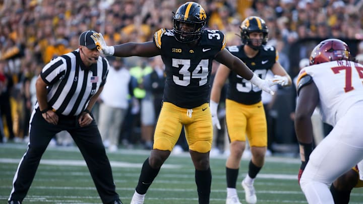 Iowa’s Jay Higgins (34) lines up against Iowa State during the Cy-Hawk game Saturday, Sept. 7, 2024 at Kinnick Stadium in Iowa City, Iowa.