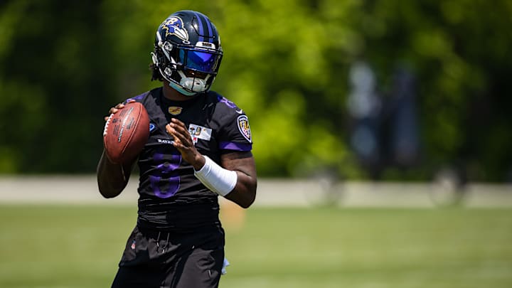 Baltimore Ravens quarterback Lamar Jackson in action during an OTA at Under Armour Performance Center.