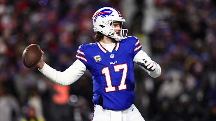 Buffalo Bills quarterback Josh Allen throws a pass against the Baltimore Ravens in the Divisional Round of the NFL Playoffs