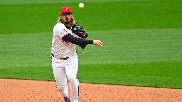 Apr 5, 2026: Cleveland Guardians shortstop Gabriel Arias (13) throws to first base in the fifth inning against the Chicago Cubs at Progressive Field. Credit: David Richard-Imagn Images