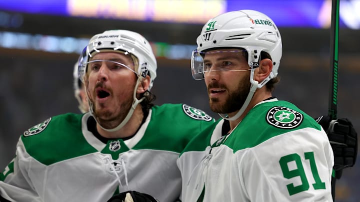 Oct 22, 2024; Buffalo, New York, USA;  Dallas Stars center Tyler Seguin (91) celebrates his goal during the third period against the Buffalo Sabres at KeyBank Center. Mandatory Credit: Timothy T. Ludwig-Imagn Images