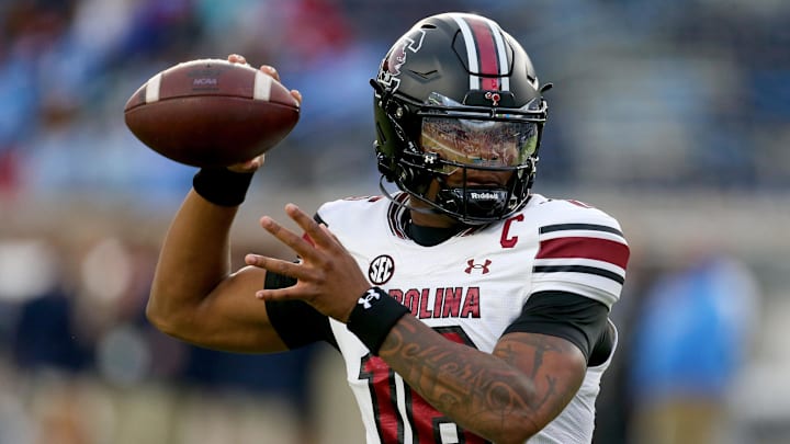 Nov 1, 2025; Oxford, Mississippi, USA; South Carolina Gamecocks quarterback LaNorris Sellers (16) passes the ball during warmups prior to the game against the Mississippi Rebels at Vaught-Hemingway Stadium. Mandatory Credit: Petre Thomas-Imagn Images