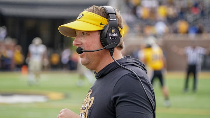 Oct 22, 2022; Columbia, Missouri, USA; Missouri Tigers head coach Eli Drinkwitz on the sidelines against the Vanderbilt Commodores during the first half of the game at Faurot Field at Memorial Stadium.