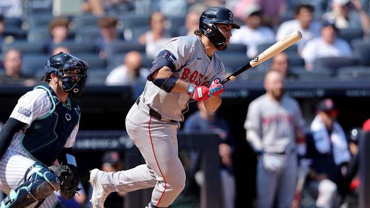Sep 14, 2024; Bronx, New York, USA; Boston Red Sox right fielder Wilyer Abreu (52) follows through on a two run single against the New York Yankees during the fourth inning at Yankee Stadium. Mandatory Credit: Brad Penner-Imagn Images Sep 14, 2024; Bronx, New York, USA; Boston Red Sox right fielder Wilyer Abreu (52) follows through on a two run single against the New York Yankees during the fourth inning at Yankee Stadium. Mandatory Credit: Brad Penner-Imagn Images