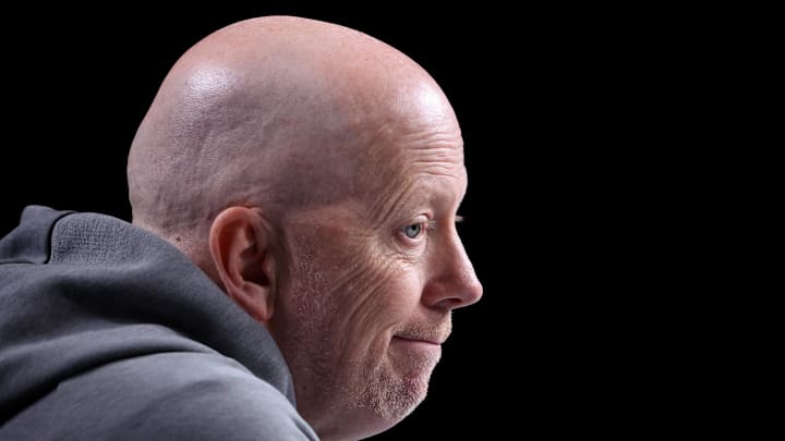 Mar 19, 2026; Philadelphia, PA, USA; UCLA Bruins head coach Mick Cronin speaks with the media before a practice session ahead of the first round of the men's 2026 NCAA Tournament at Xfinity Mobile Arena. Mandatory Credit: Bill Streicher-Imagn Images
