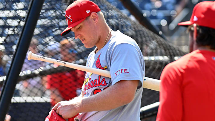Feb 26, 2025; Tampa, Florida, USA; St. Louis Cardinals first baseman Luken Baker (26) prepares for batting practice before the start of the spring training game against the New York Yankees at George M. Steinbrenner Field. Mandatory Credit: Jonathan Dyer-Imagn Images