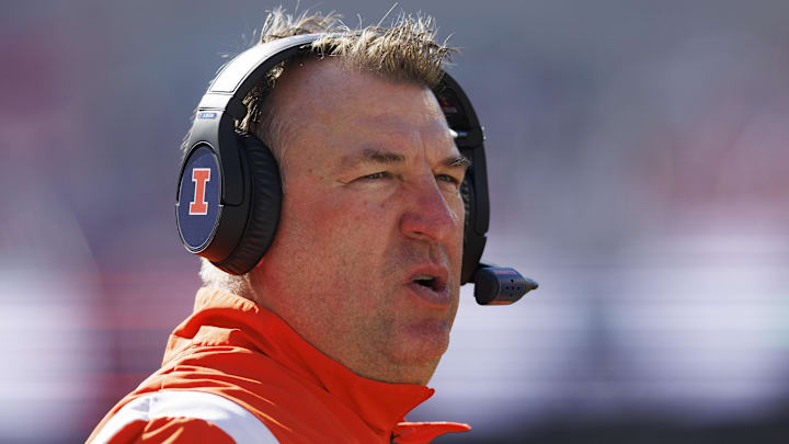 Oct 1, 2022; Madison, Wisconsin, USA;  Illinois Fighting Illini head coach Bret Bielema during the game against the Wisconsin Badgers at Camp Randall Stadium. Mandatory Credit: Jeff Hanisch-Imagn Images