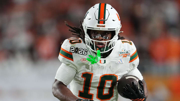 Jan 19, 2026; Miami Gardens, FL, USA; Miami Hurricanes wide receiver Malachi Toney (10) runs with the ball against the Indiana Hoosiers during the second half of the College Football Playoff National Championship game at Hard Rock Stadium. Mandatory Credit: Kirby Lee-Imagn Images Jan 19, 2026; Miami Gardens, FL, USA; Miami Hurricanes wide receiver Malachi Toney (10) runs with the ball against the Indiana Hoosiers during the second half of the College Football Playoff National Championship game at Hard Rock Stadium. Mandatory Credit: Kirby Lee-Imagn Images