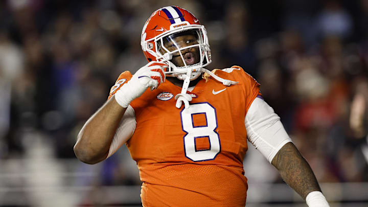 Oct 8, 2022; Chestnut Hill, Massachusetts, USA; Clemson Tigers defensive tackle Tre Williams (8) celebrates a sack against the Boston College Eagles during the second half at Alumni Stadium. Mandatory Credit: Winslow Townson-Imagn Images