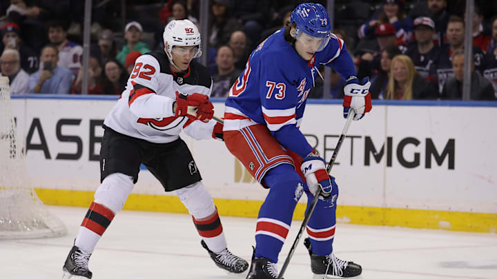 Mar 11, 2024; New York, New York, USA; New York Rangers center Matt Rempe (73) controls the puck