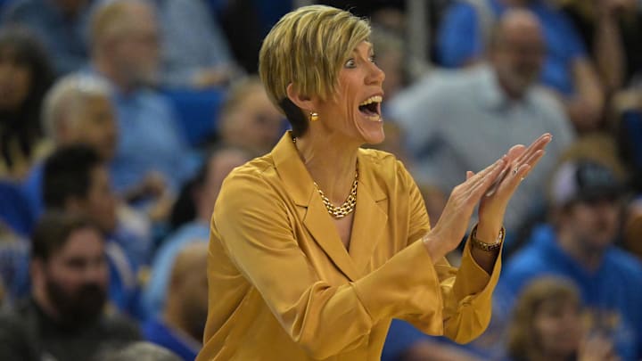 Feb 1, 2026; Los Angeles, California, USA;  Iowa Hawkeyes head coach Jan Jensen in the first half against the UCLA Bruins at Pauley Pavilion presented by Wescom Financial. Mandatory Credit: Jayne Kamin-Oncea-Imagn Images