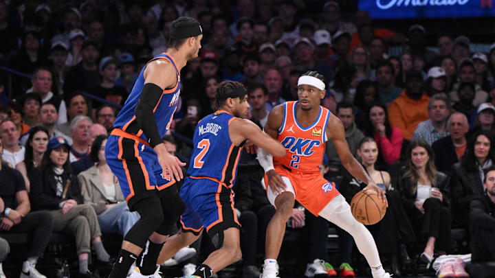 Mar 31, 2024; New York, New York, USA; Oklahoma City Thunder guard Shai Gilgeous-Alexander (2) posts